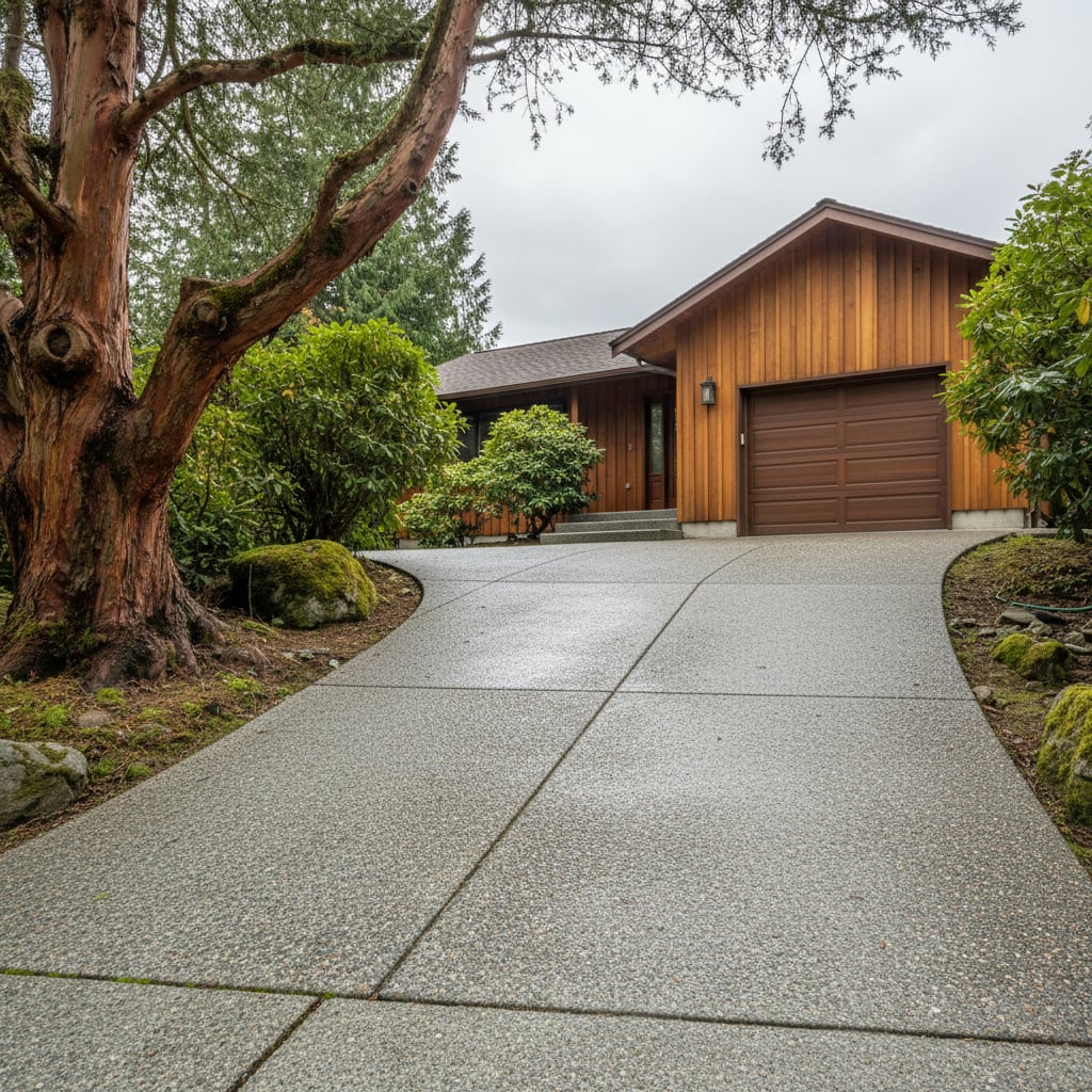 Driveway restored to original concrete tone after pressure washing