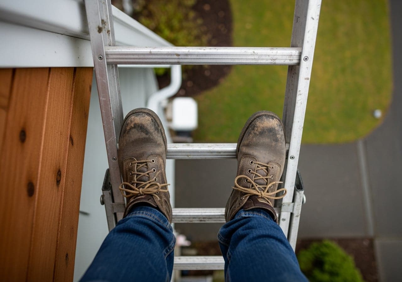 Ladder set-up and roof access on a residential home