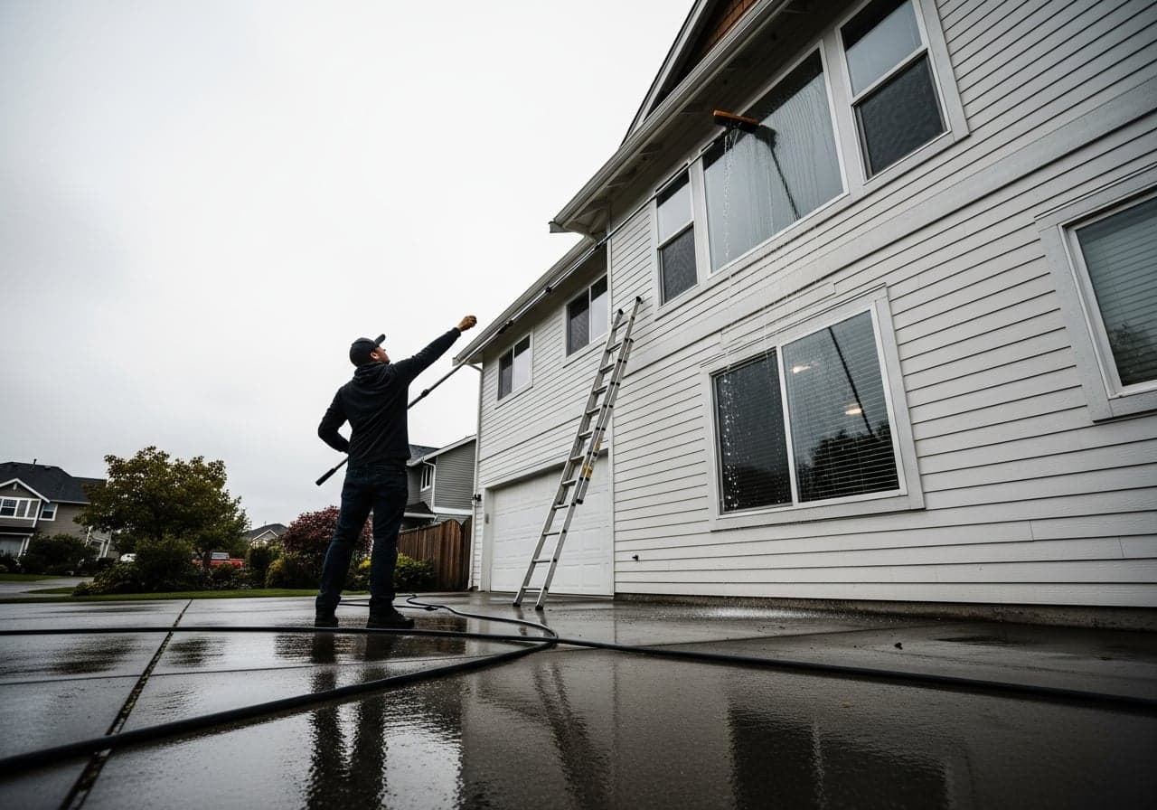A friendly Chirp crew member cleaning windows on a Greater Victoria home