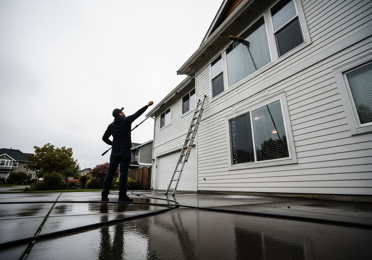 A window cleaner working on a Greater Victoria home